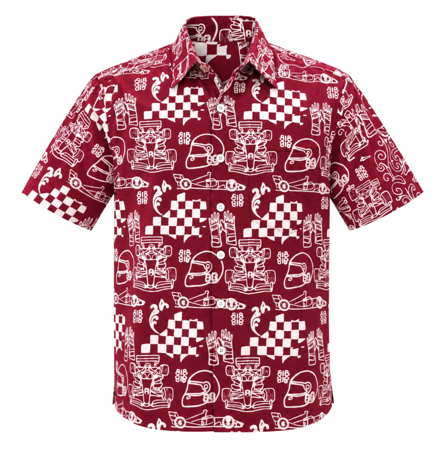 (SSPC-RF-RED) Short Sleeve Pointed Collar Red Racing Flags Batik Shirt