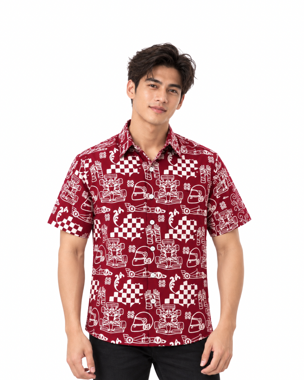 (SSPC-RF-RED) Short Sleeve Pointed Collar Red Racing Flags Batik Shirt