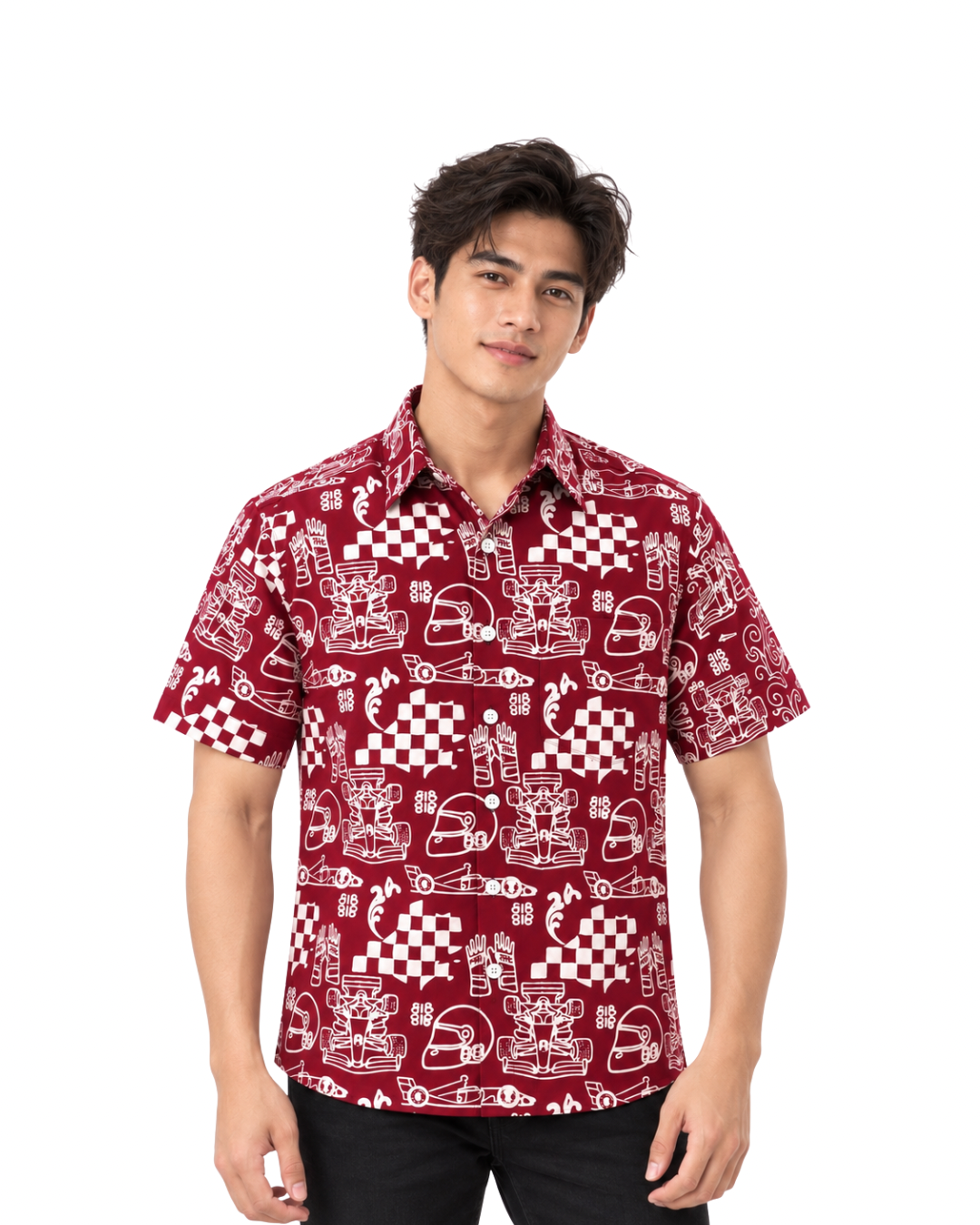 (SSPC-RF-RED) Short Sleeve Pointed Collar Red Racing Flags Batik Shirt
