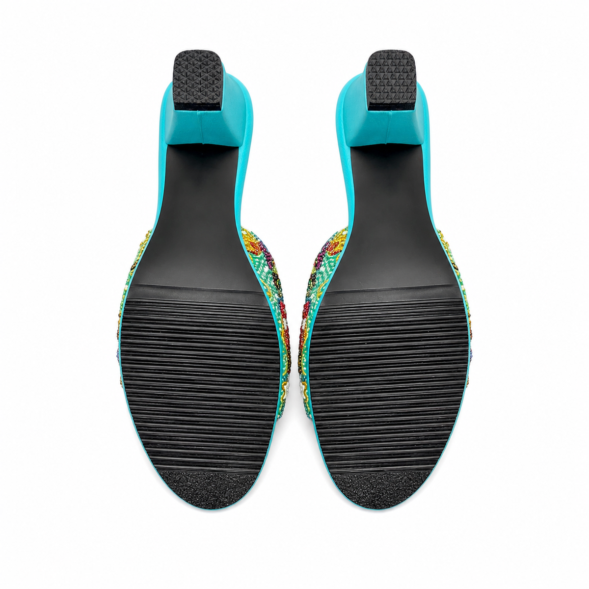 (HTUR-FLOPNK) Turquoise Heels - Pink Beaded Flower